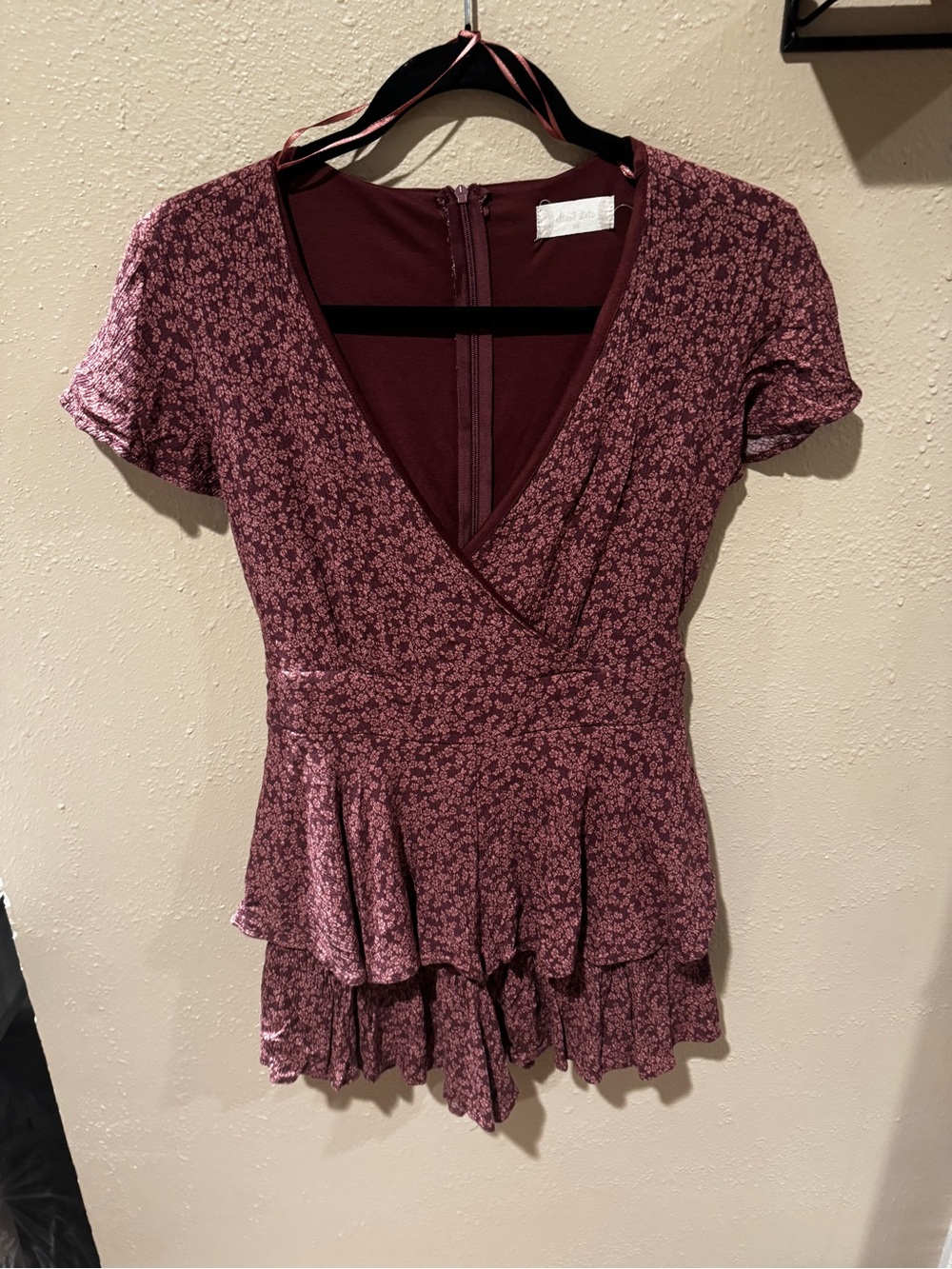 Altar'd State -Floral Surplice Peplum Romper in Wine